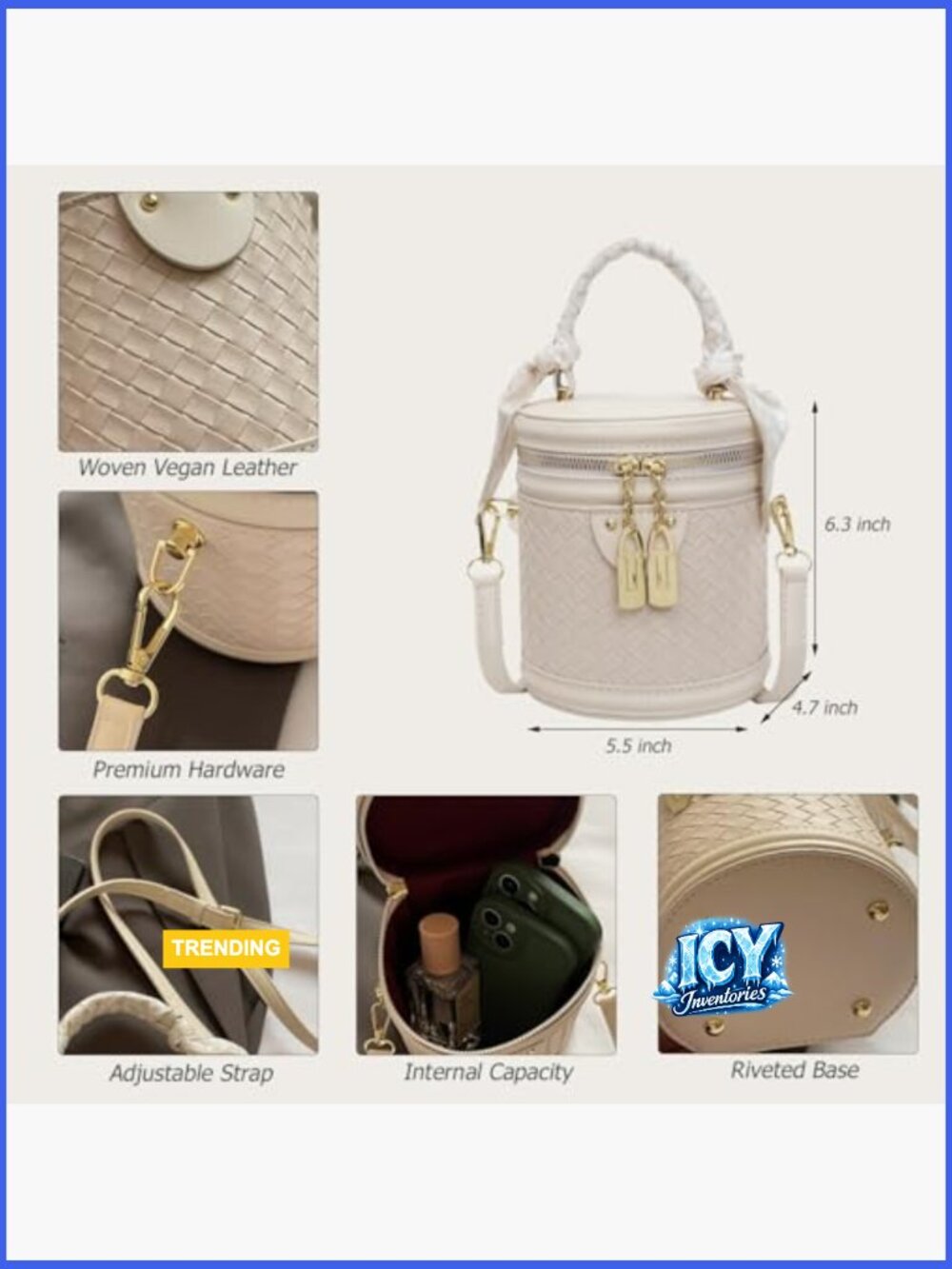 Mini Bucket Crossbody Bag Vegan Leather Woven Texture Zip Closure Shoulder - Picture 4 of 7